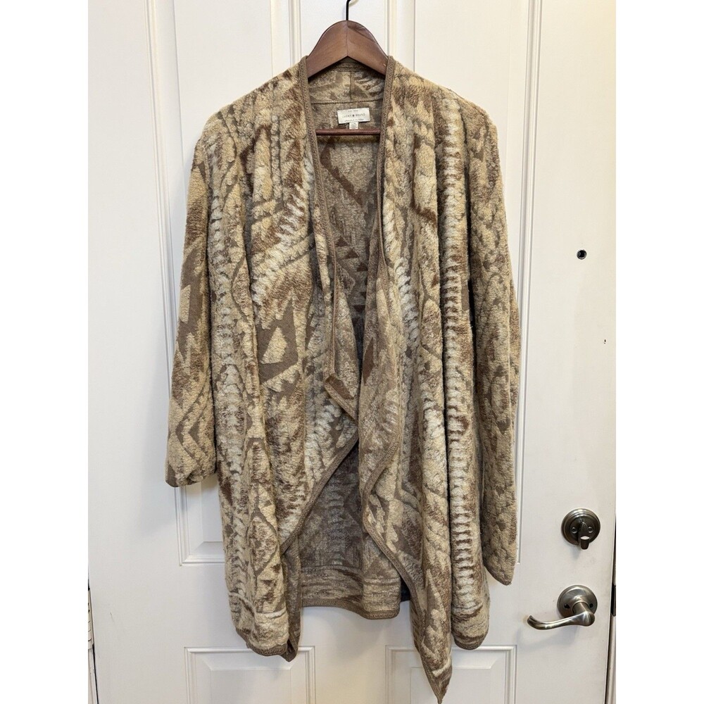 Lucky Brand Aztec Boho Tan Cream Open Knit Cardigan duster long line Sweater L